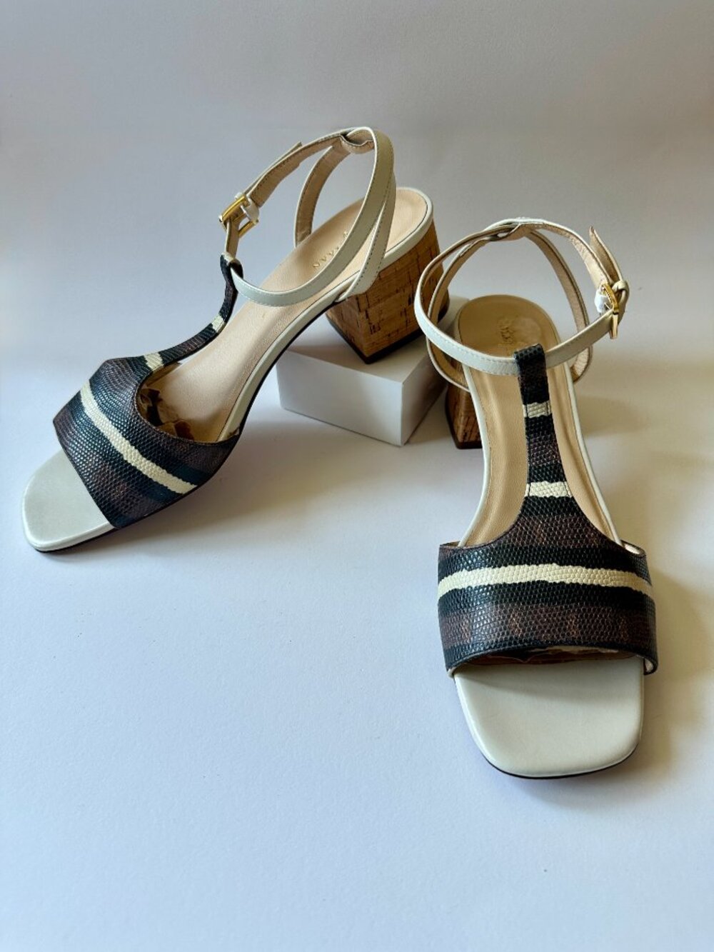 Cole Haan Luci Low T-Strap Sandals Size 9.5B Brown Snake Print Cork Heel EUC